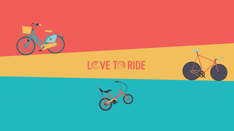 A red, yellow, and blue striped background with illustrations of three bikes, one in each colored section, and the text Love to Ride in the center.