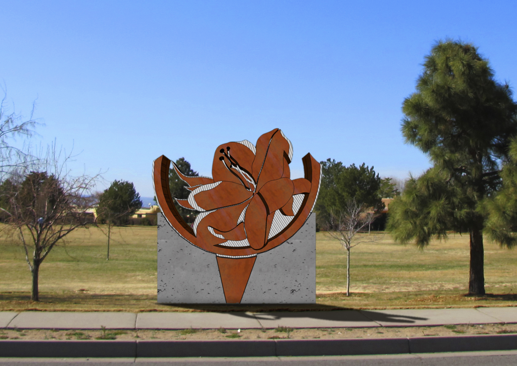 A public art sculpture, a metal primrose design, in a park.