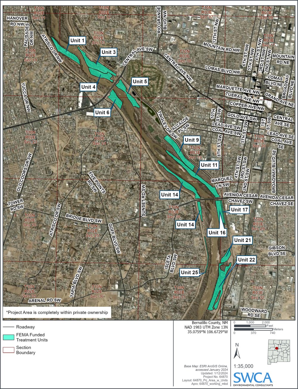 The Rio Grande Bosque with FEMA treatment units labeled.